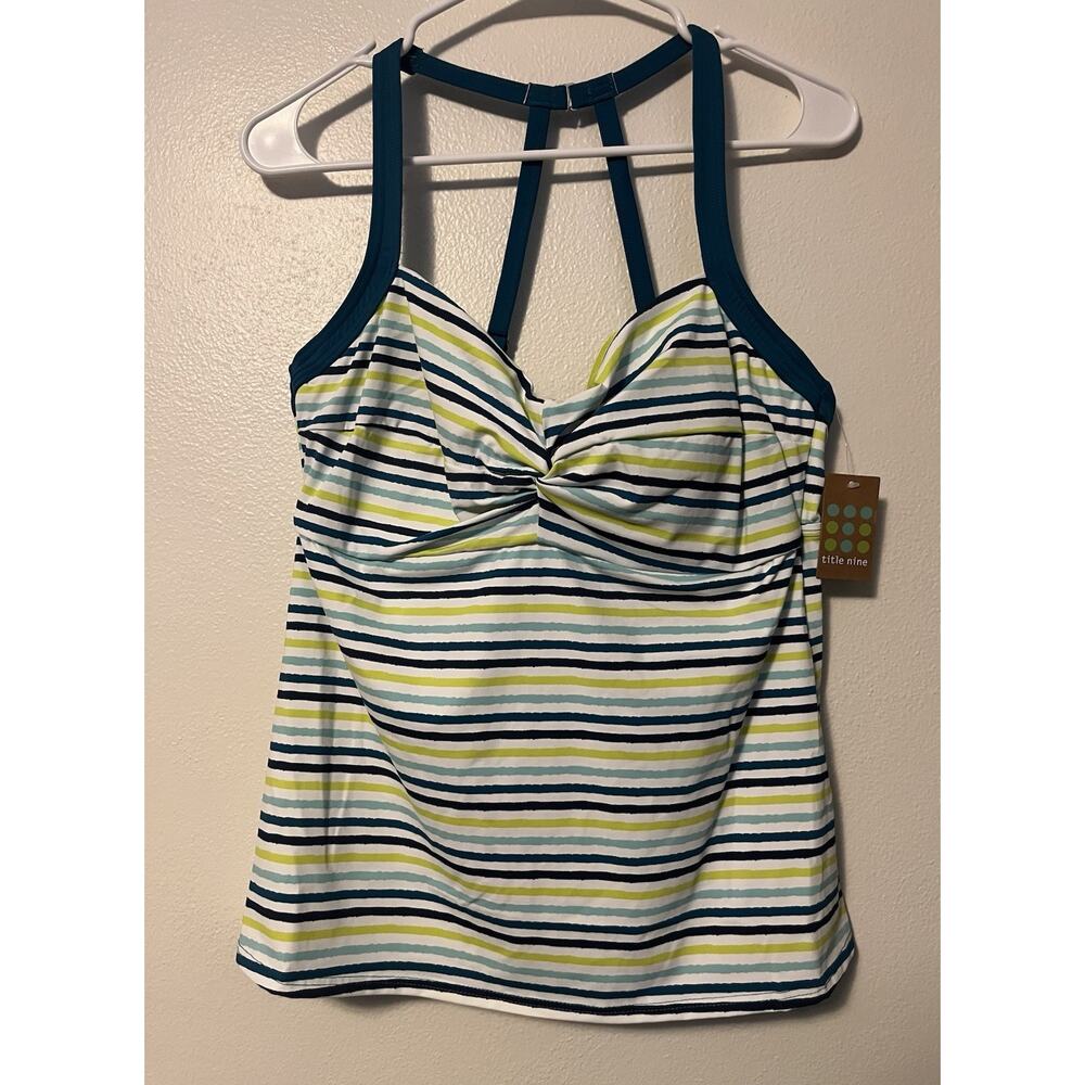 Title Nine Pele Tankini Top 38D Teal Blue Swim Strappy Underwire Bra Striped NWT